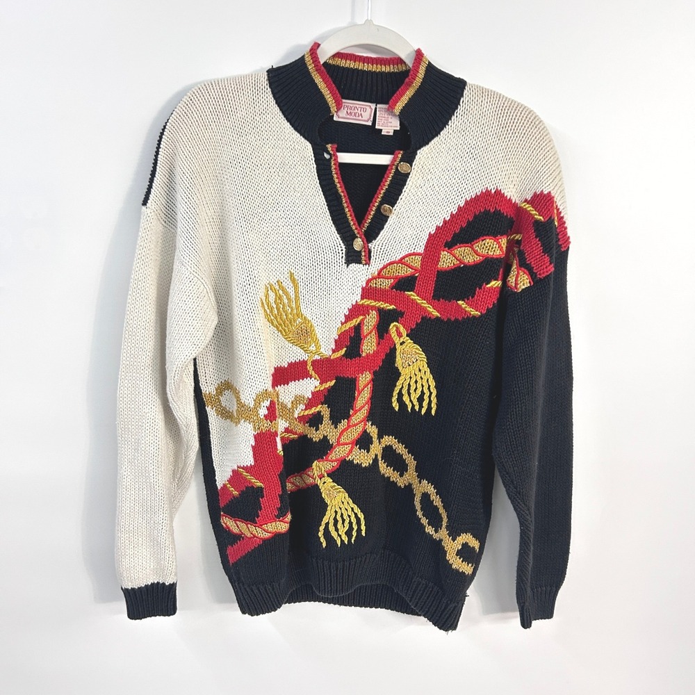 Vintage 90s Nautical Rope Chain Sweater Small Coastal Grandpa Yacht Club Knit